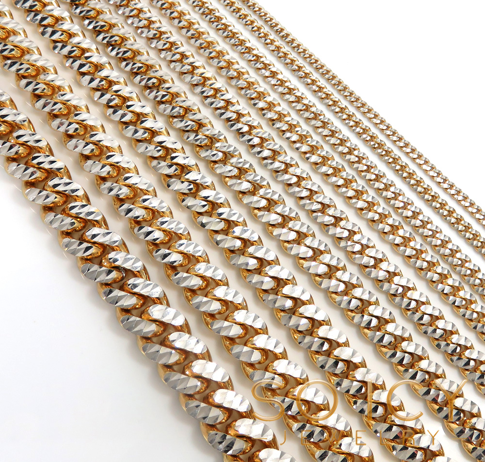 10k two tone solid prism cut miami chain 18-24