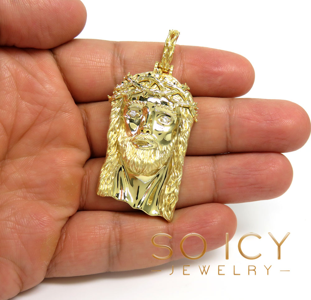 14k gold x-large classic thorn jesus pendant 0.15ct