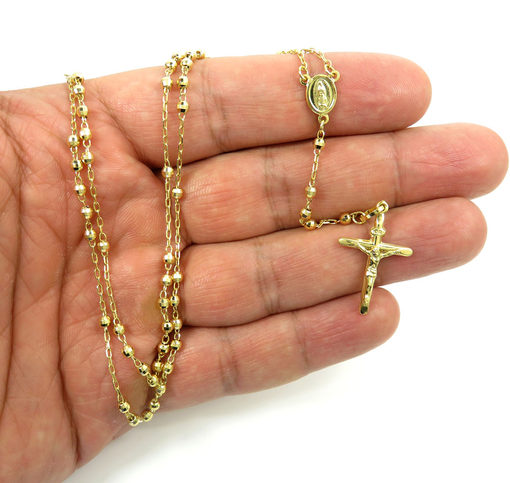 Rosary necklace 14k yellow gold diamond cut beads 20 inches 2.8mm