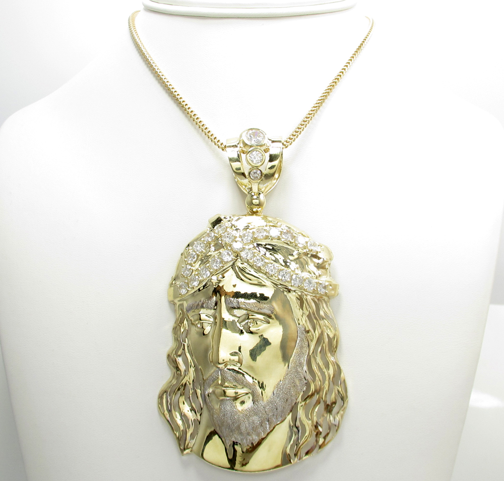 Mens 10k Two Tone CZ Large Jesus Head Pendant 3.00CT