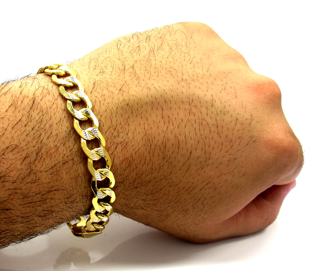 Buy 10k Yellow Gold Thick Diamond Cut Two Tone Cuban Bracelet 9 Inch ...