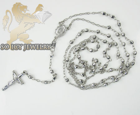 Rosary necklace 14k white gold diamond cut beads 29 inches 3mm