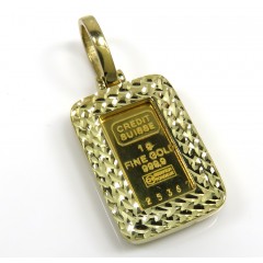 10k Yellow Gold Diamond Cut Frame With Suisse 24k Gold Mini Bar Pendant 