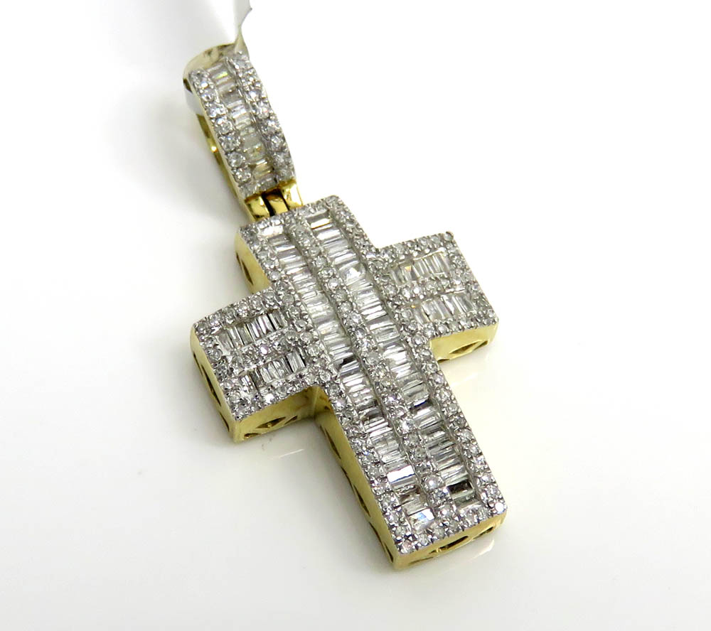 14k yellow gold baguette diamond medium cross 1.15ct