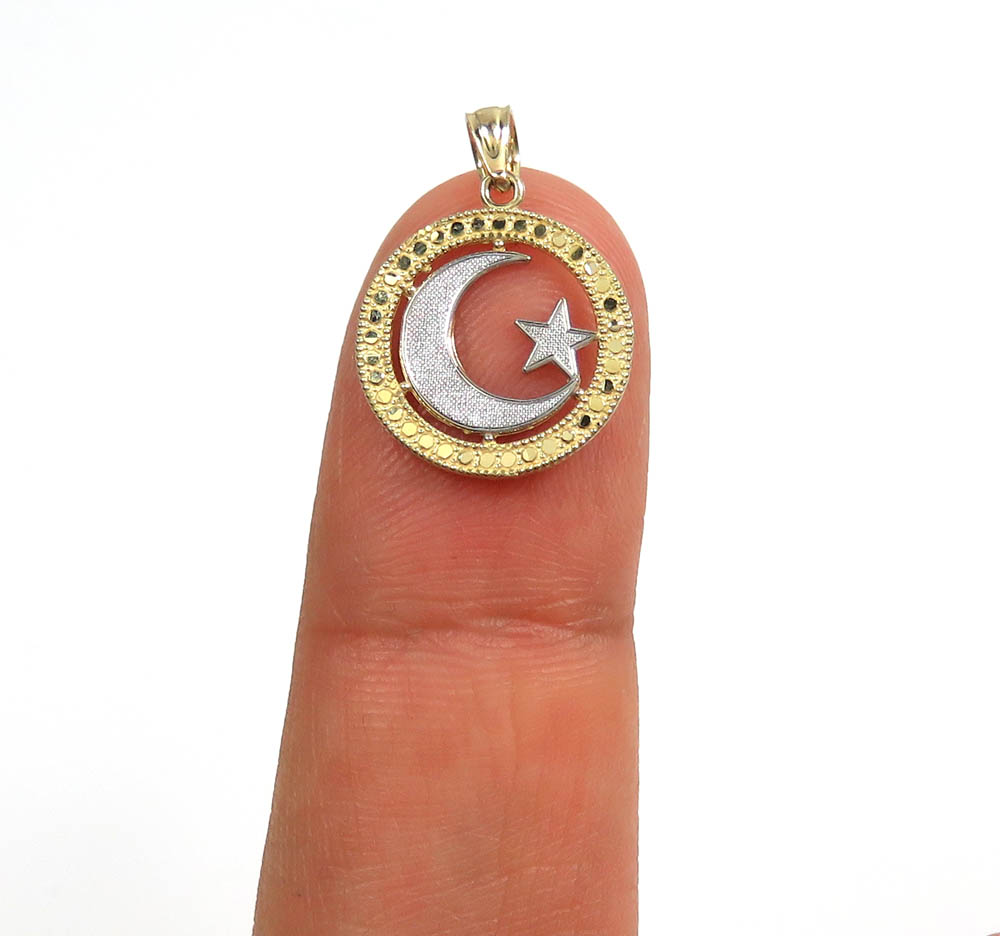 14k two gold mini islam crescent moon and star religious pendant