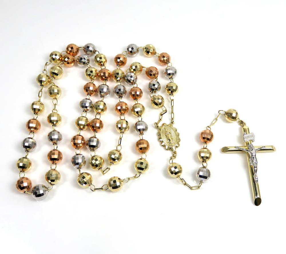 Rosary necklace 14k tri color gold diamond cut beads 30 inches 8mm