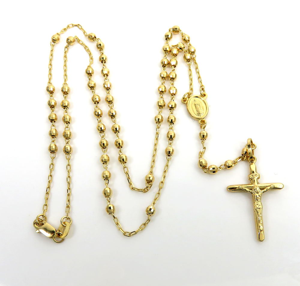 Rosary necklace 14k yellow gold diamond cut beads 20 inches 2.8mm