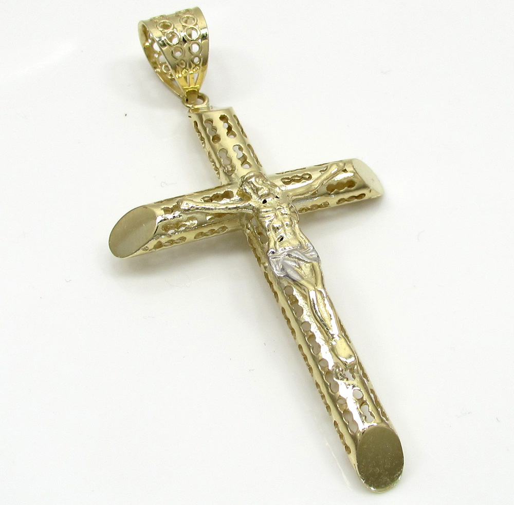 Buy 10k Yellow Gold Medium Carved Out Hollow Tube Jesus Cross Online at ...