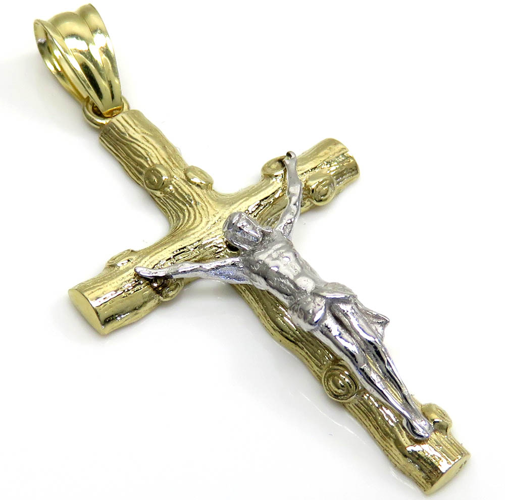 Buy 10k Solid Two Tone Small Bark Wood Finish Jesus Cross Online at SO ...